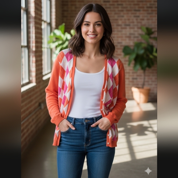 Michael Kors Orange & Pink Knit Cardigan Sweater 100% Cotton Size XL - Picture 3 of 5